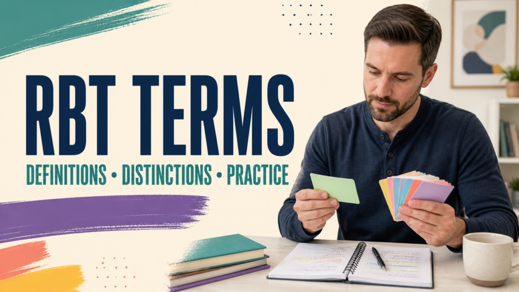 rbt terms cover showing a white adult reviewing definitions and study notes