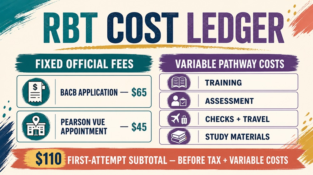 rbt test cost infographic showing fixed BACB and Pearson VUE fees versus variable costs