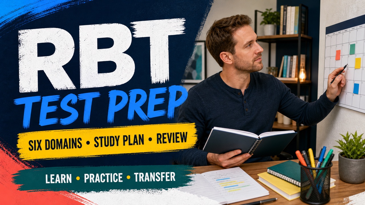 RBT test prep with a white adult learner reviewing a six-domain study plan