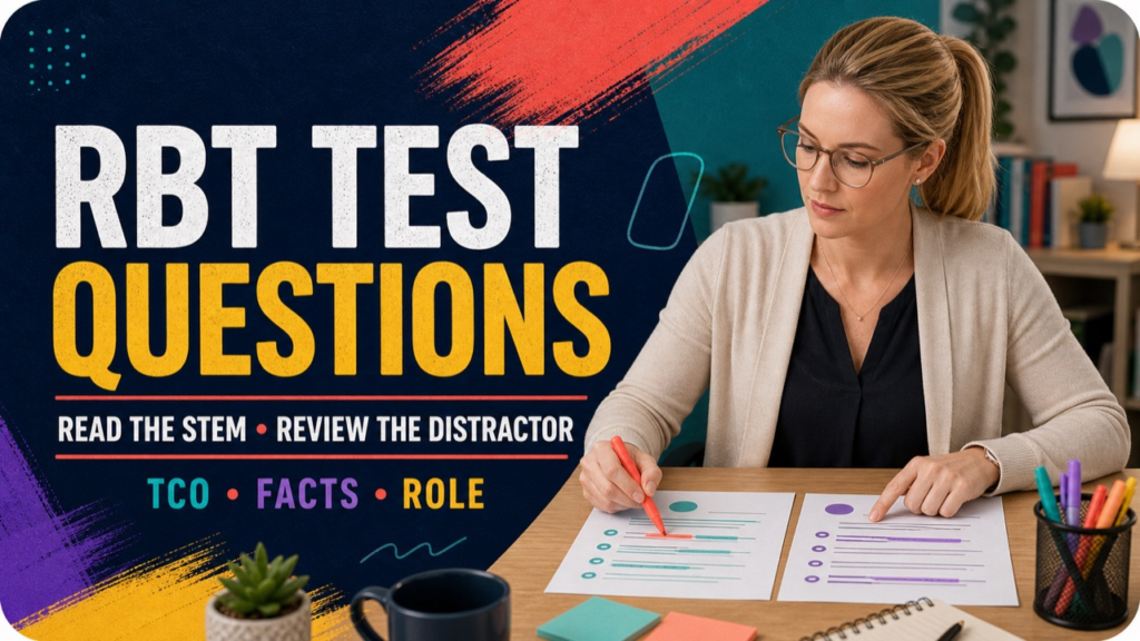 RBT test questions with a white adult learner highlighting an answer rationale