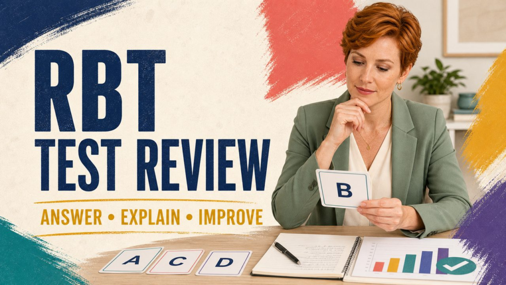 rbt test review cover showing a white adult learner reviewing practice answers and a study checklist