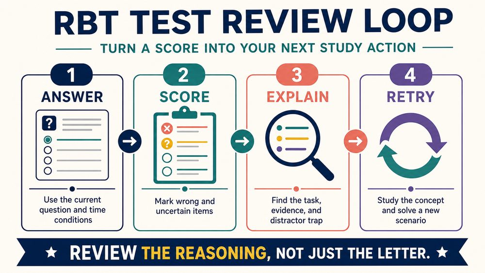 rbt test review infographic showing the answer score explain and retry review loop