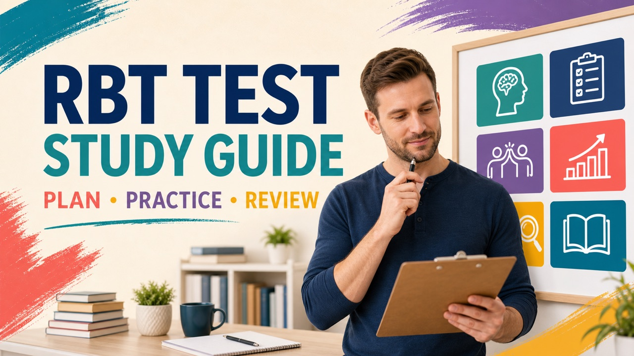 rbt test study guide cover with a white adult educator reviewing a six-domain study plan