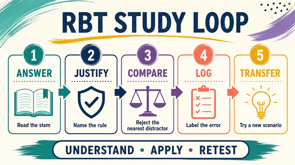 rbt test study guide infographic showing a six-domain practice loop