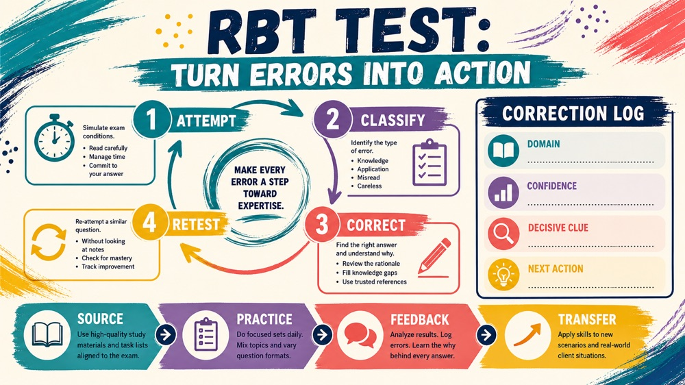 RBT test study and practice correction loop infographic