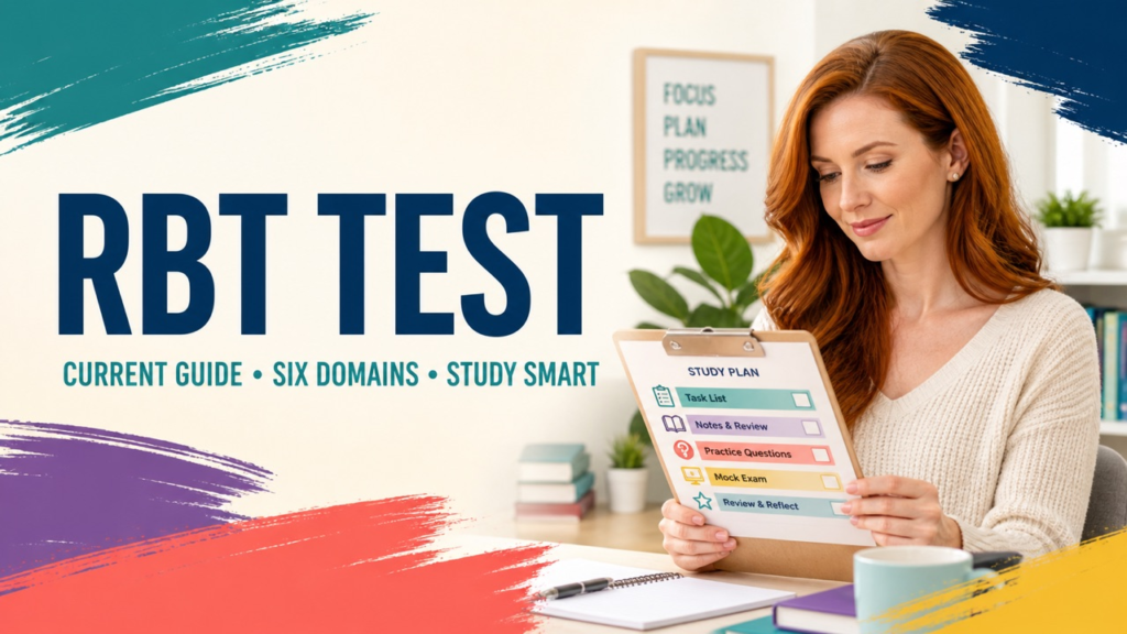 RBT test study guide with a white adult learner reviewing an exam plan