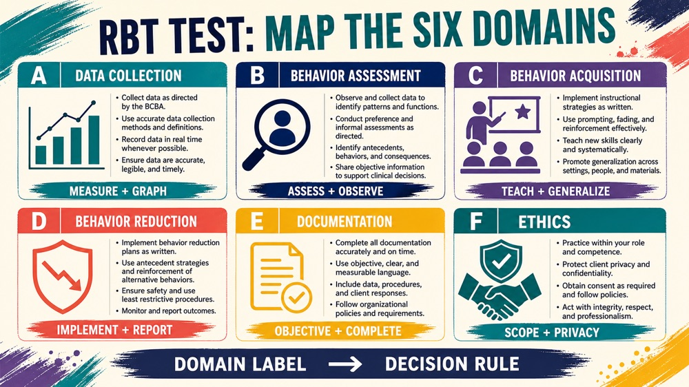 RBT test current exam boundary and six-domain study map infographic