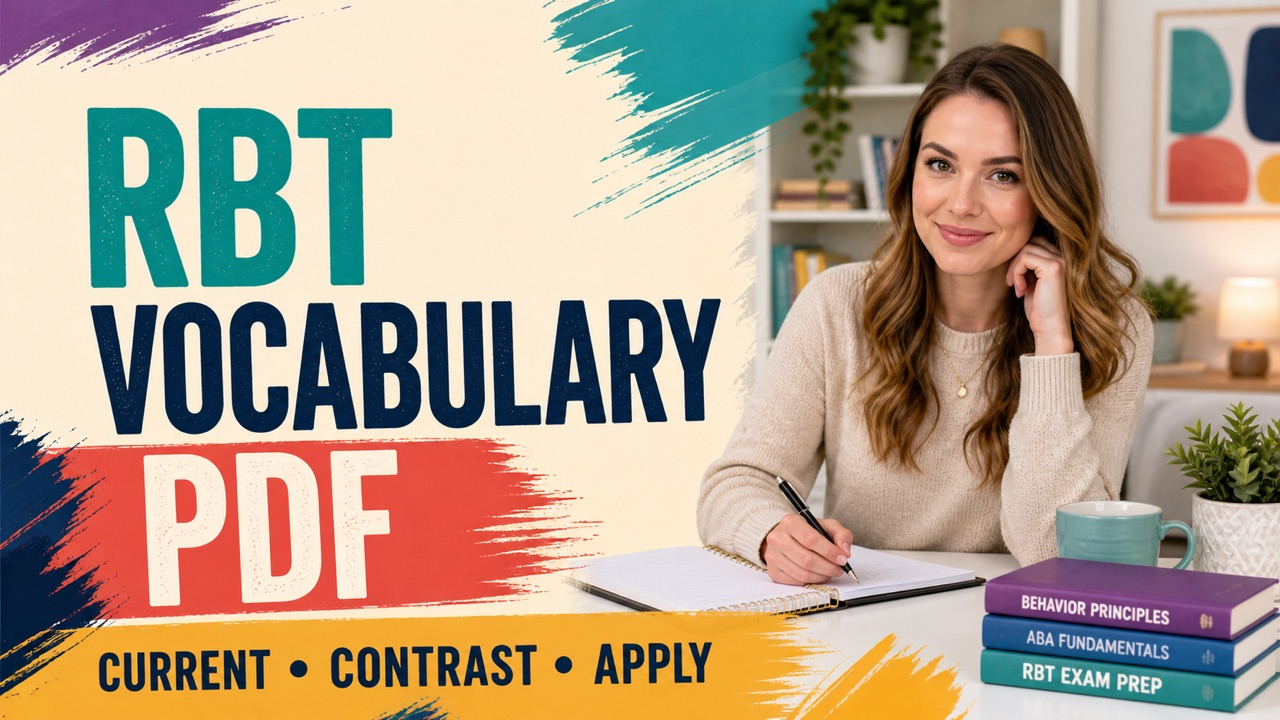 RBT vocabulary PDF cover with a white adult reviewing current study cards