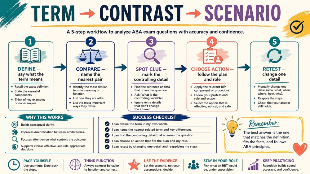 RBT vocabulary PDF workflow showing term, contrast, scenario, correction, and retest