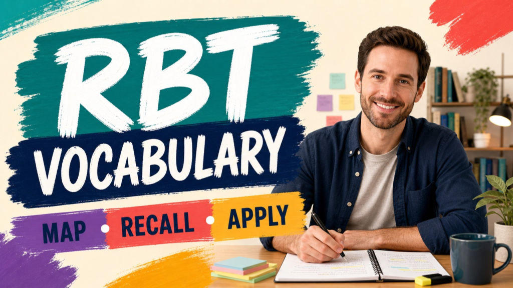 RBT vocabulary cover with a white adult building a current study system