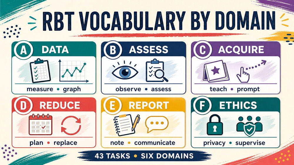 RBT vocabulary map showing six current domains and key study term families