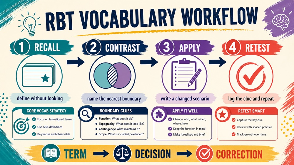 RBT vocabulary workflow showing recall, contrast, apply, and retest steps