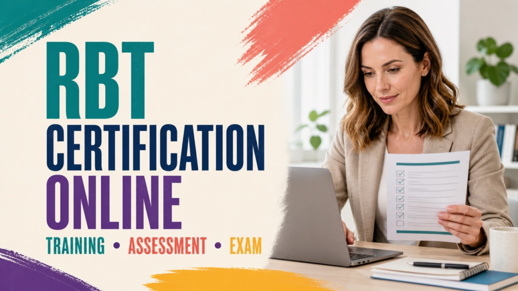 registered behavior technician certification online cover showing a white adult reviewing an online training checklist