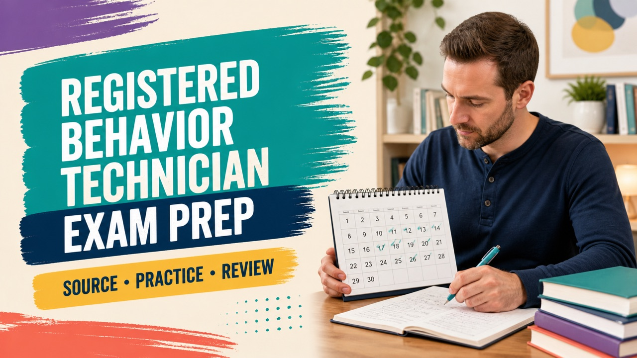 registered behavior technician exam prep cover showing a white adult reviewing a study plan