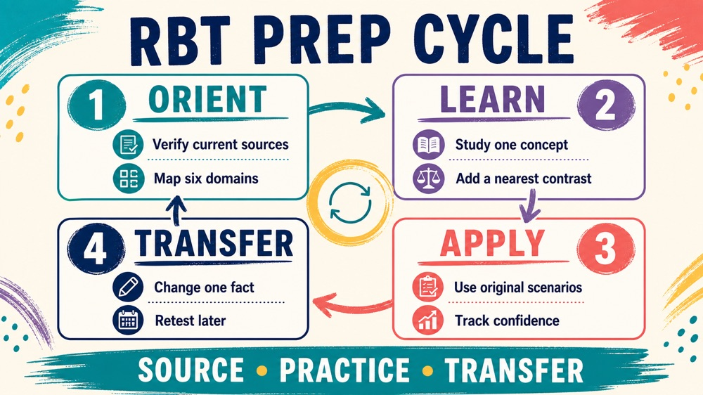 registered behavior technician exam prep four-stage study cycle infographic