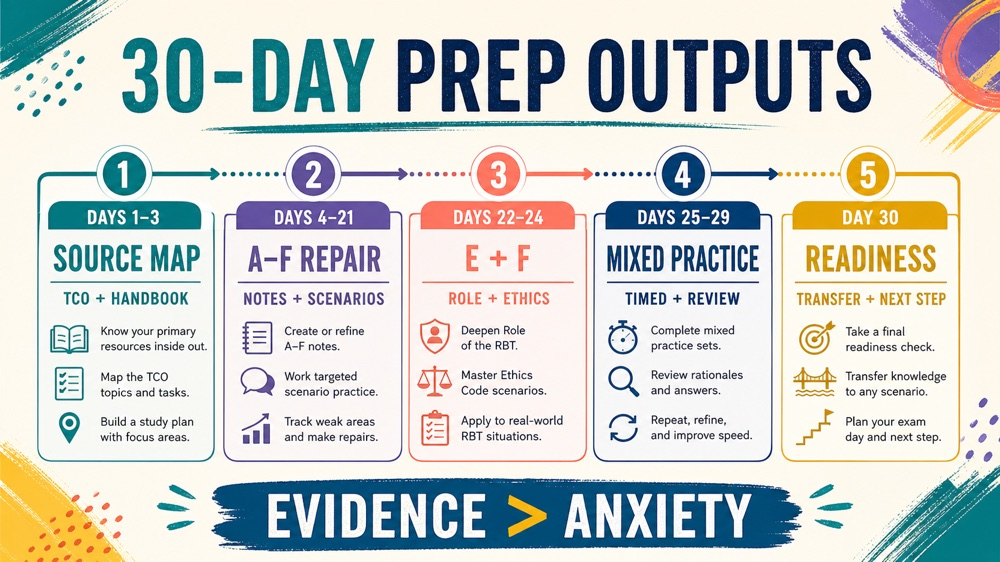 registered behavior technician exam prep 30-day deliverables and readiness infographic