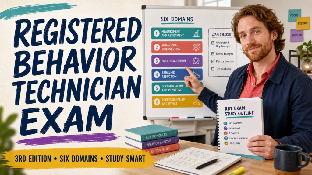 Registered behavior technician exam cover with a white adult learner reviewing a six-domain study map
