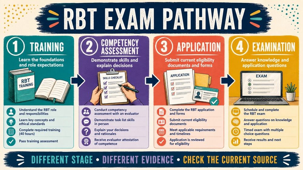 Registered behavior technician exam pathway separating training, competency assessment, application, and examination