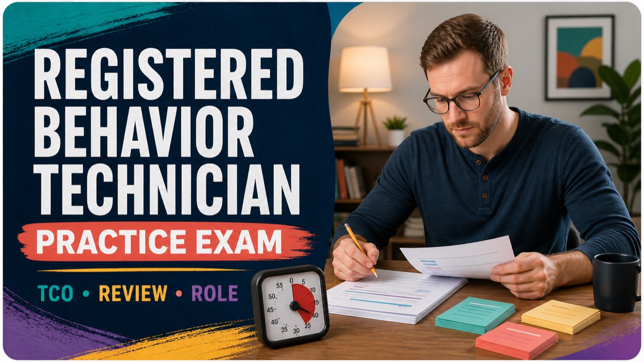 Registered behavior technician practice exam with a white adult learner reviewing a timed set