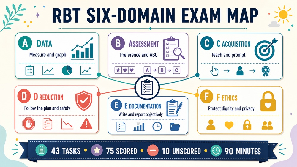 registered behavior technician rbt infographic mapping daily work to six current exam domains and supervision decisions