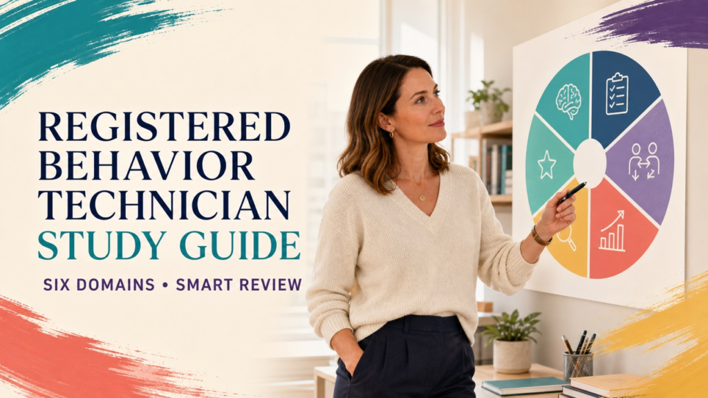 registered behavior technician study guide cover showing a white adult educator reviewing a six-domain study map