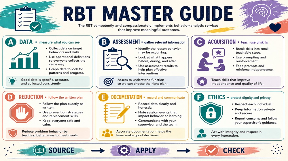 registered behavior technician study guide infographic showing the six-domain master map