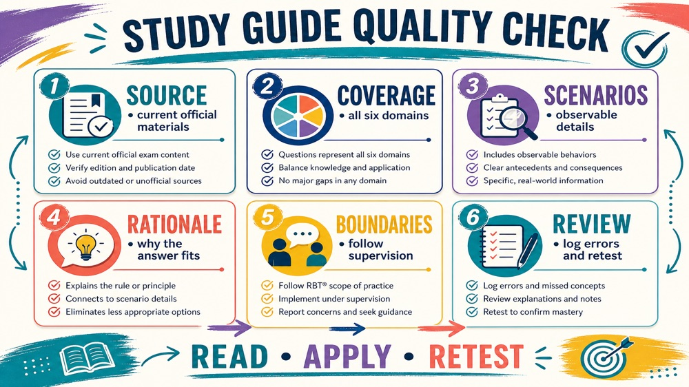 registered behavior technician study guide infographic showing a source and answer quality checklist