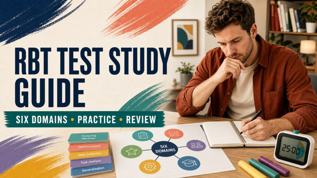 registered behavior technician test study guide cover showing a white adult learner reviewing six-domain notes