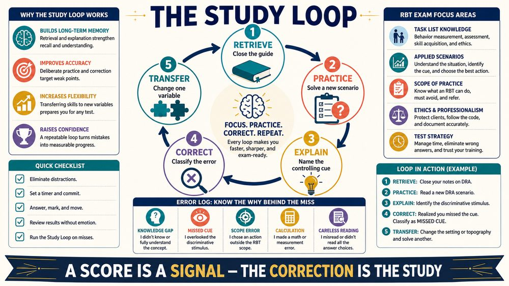 registered behavior technician test study guide infographic showing retrieve practice correct and transfer study loop