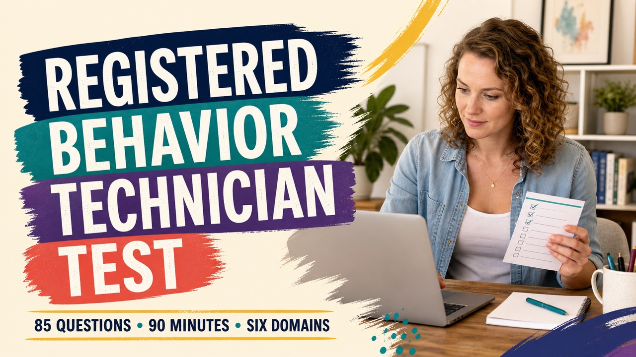 Registered behavior technician test cover with a white adult reviewing test-day study cards