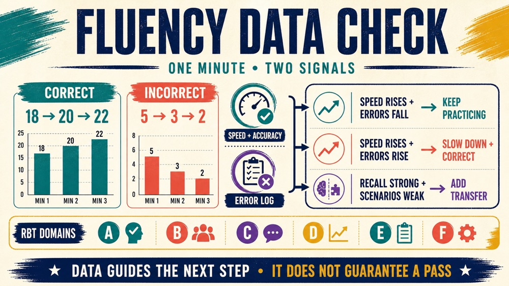 safmeds aba flashcards infographic showing correct and incorrect fluency data across RBT domains