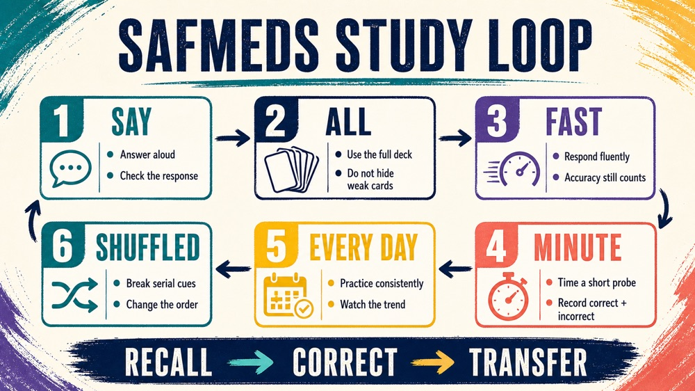 safmeds aba flashcards infographic showing the say all fast minute every day shuffled study loop