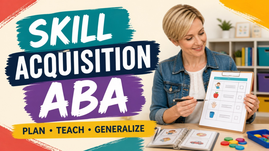 Skill acquisition ABA cover with a white adult reviewing a teaching plan