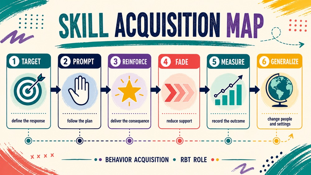 Skill acquisition ABA map showing target prompt reinforcement data and generalization