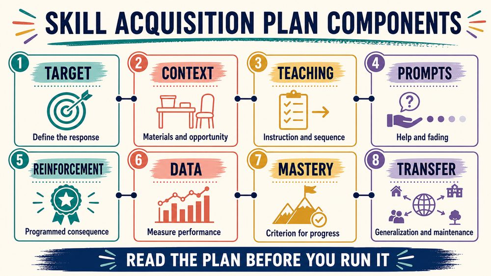 skill acquisition plan aba infographic showing target teaching prompt reinforcement data and generalization components