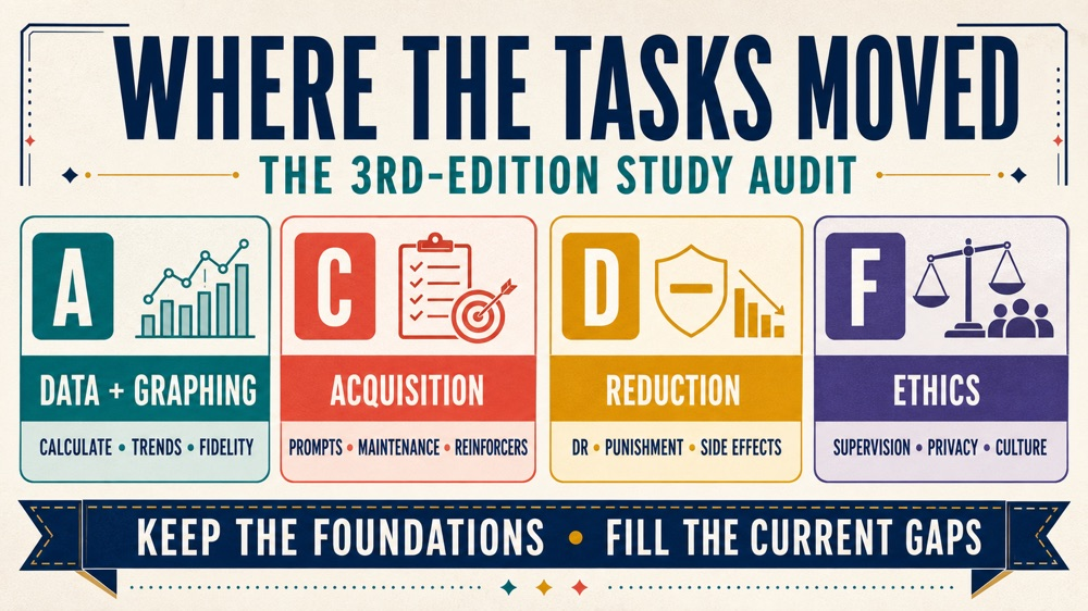 task list bacb infographic showing where data reduction and ethics tasks changed between editions
