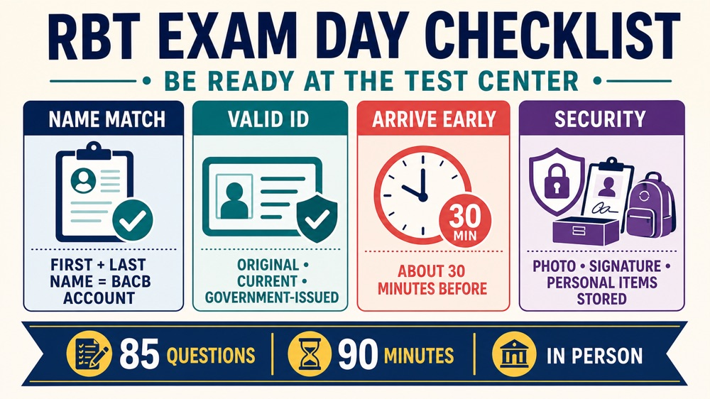 where to take rbt exam infographic showing valid ID arrival time security and appointment rules