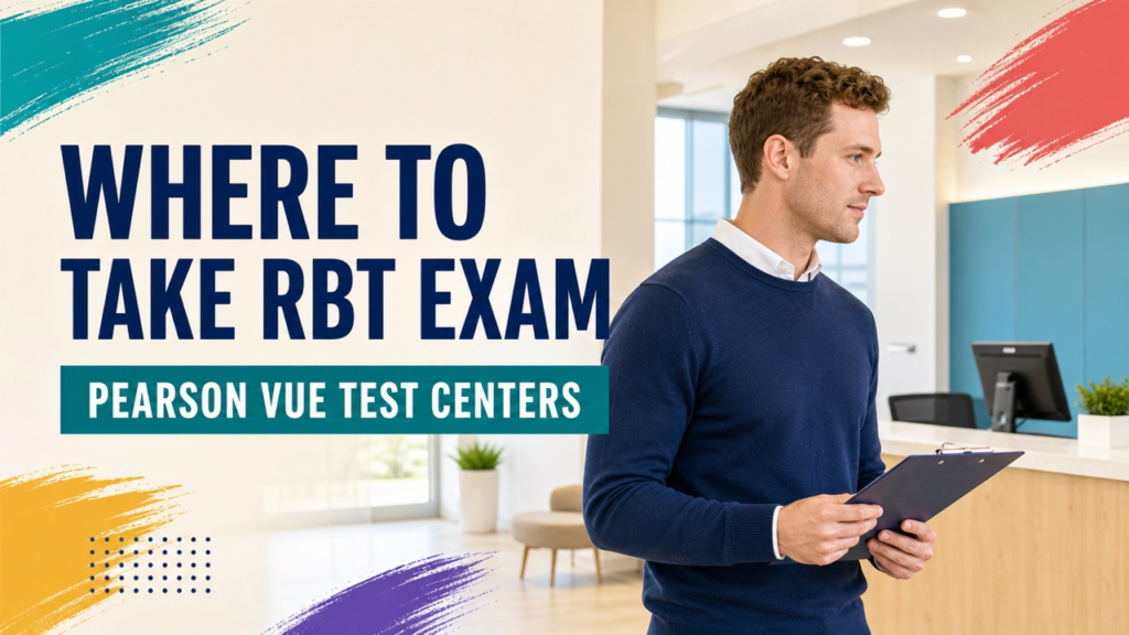 where to take rbt exam cover showing a white adult candidate reviewing a Pearson-style testing center appointment