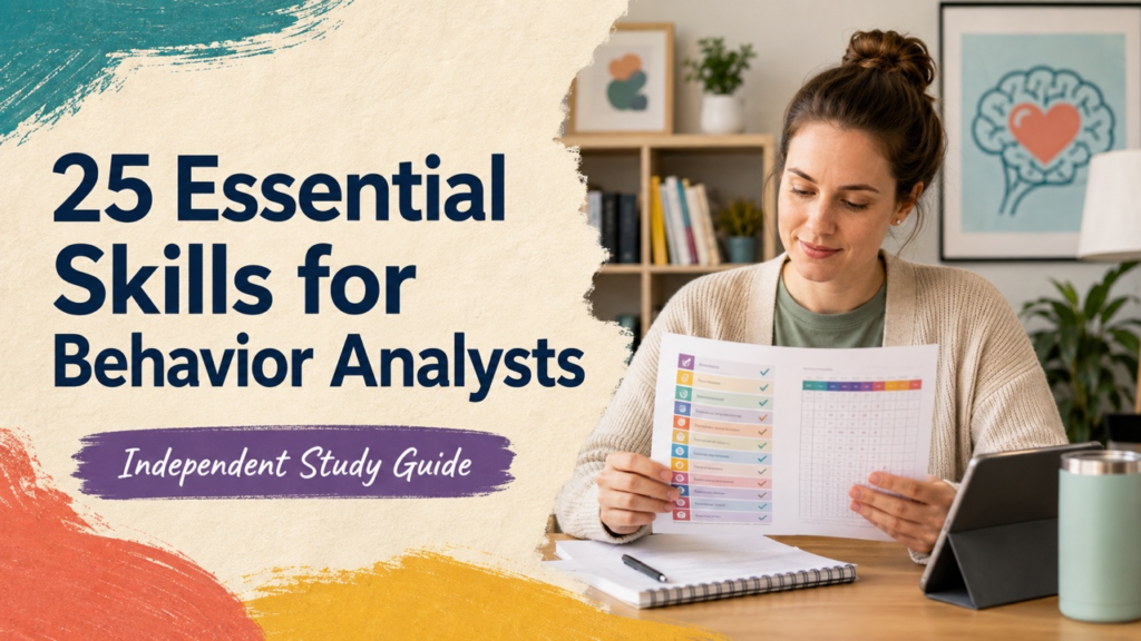 25 essential skills for behavior analysts study guide with white adult RBT candidate