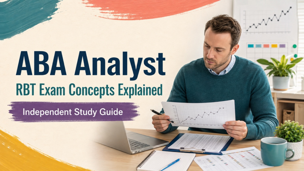 ABA analyst study guide cover with a white adult professional reviewing a behavior data graph
