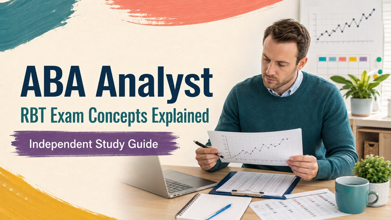 ABA analyst study guide cover with a white adult professional reviewing a behavior data graph