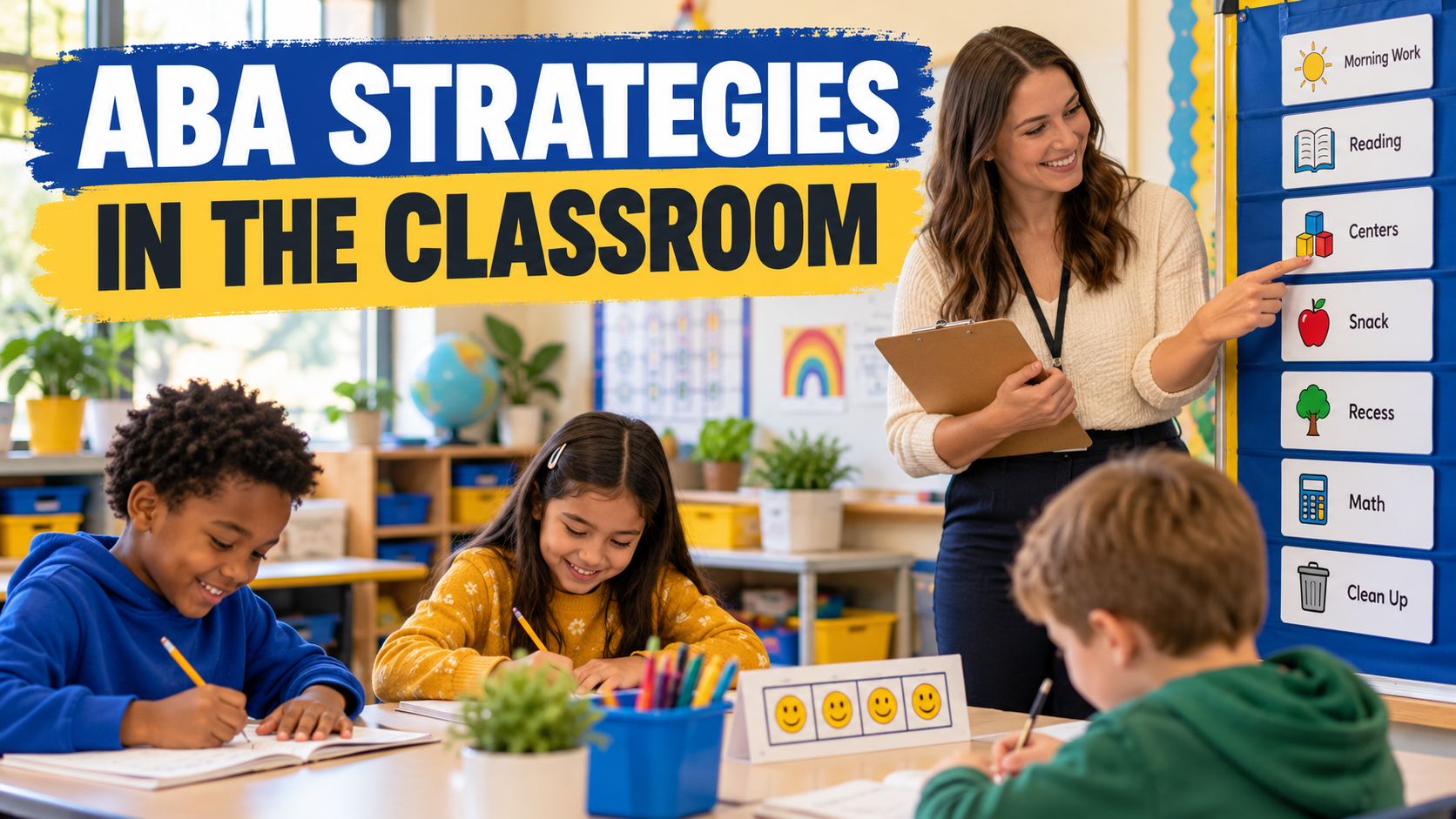 ABA strategies in the classroom with a white adult woman using a visual schedule and clipboard
