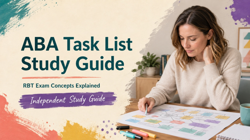 aba task list study guide cover with a white adult learner reviewing an RBT task map