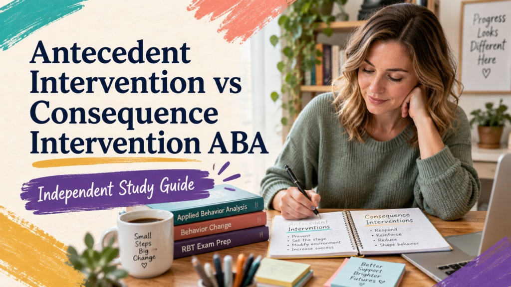 antecedent intervention vs consequence intervention aba study guide with white adult RBT candidate