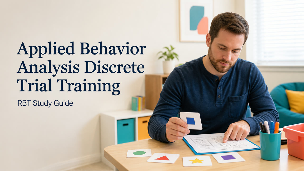 applied behavior analysis discrete trial training study guide with white RBT reviewing a teaching sequence