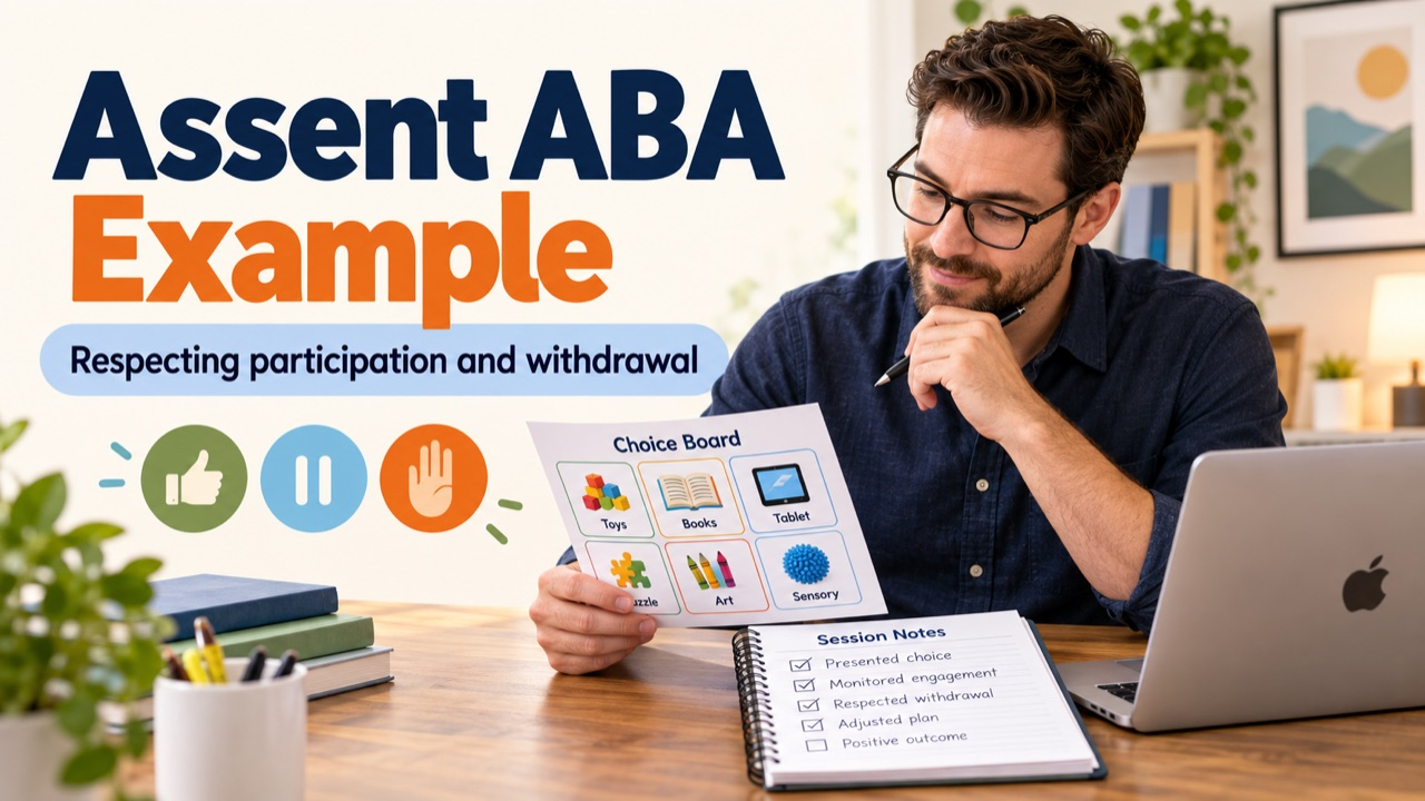 Assent ABA example cover with a white man reviewing a choice board and session notes on an Apple laptop