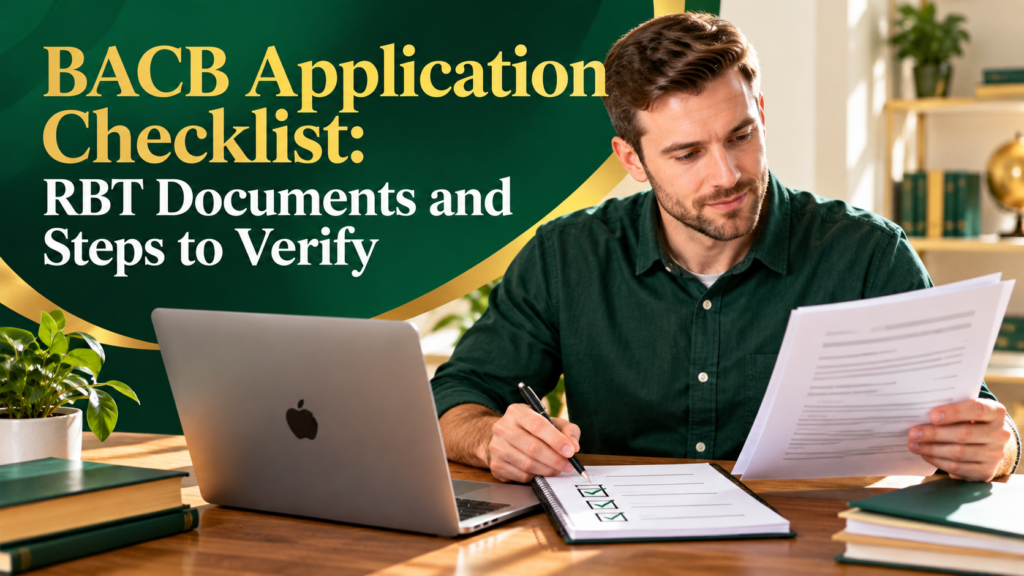 BACB application checklist for an RBT applicant with a white adult man reviewing documents beside an Apple laptop