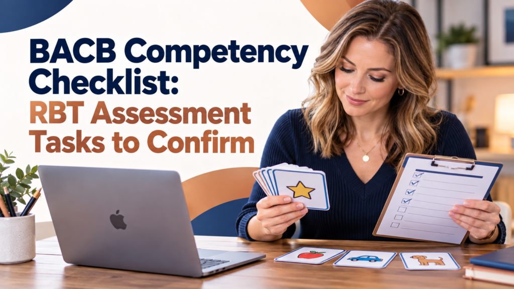 BACB competency checklist for RBT assessment preparation with a white adult woman reviewing task cards beside an Apple laptop