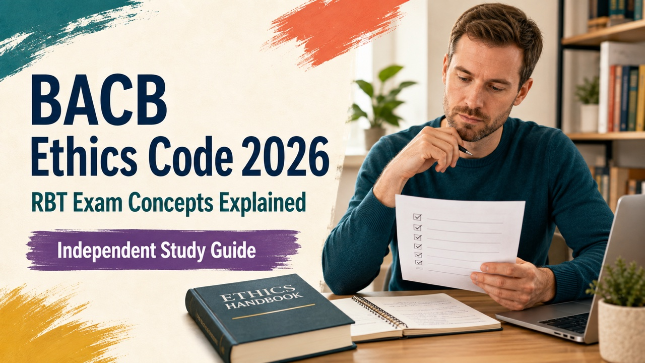 BACB ethics code 2026 study guide cover with a white adult RBT learner reviewing an ethics checklist