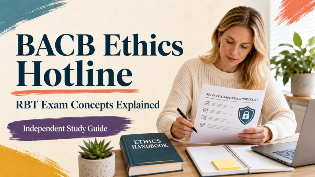BACB ethics hotline study guide cover with a white adult RBT reviewing a privacy and reporting checklist